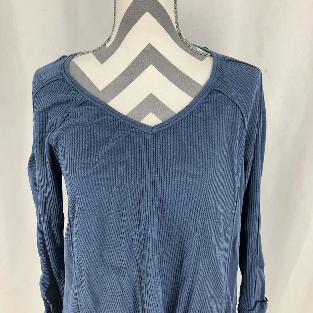 Caffe Marrakesh Waffle Knit Long Sleeve Top Blue Boho Shirt Large